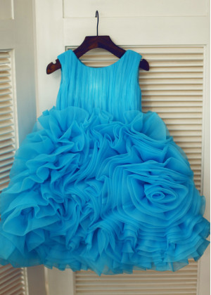 Blue Pleated Organza Ruffled Short Flower Girl Dress Blue Pleated Organza Ruffled Short Flower Girl Dress